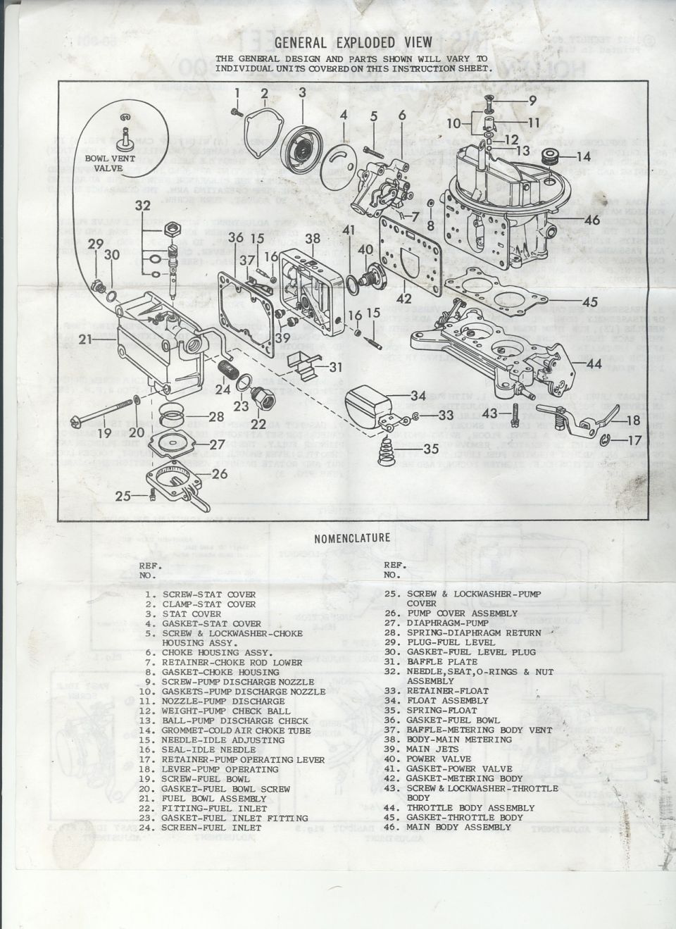 Carburetor exploded-view parts diagram with numbered nomenclature list below
