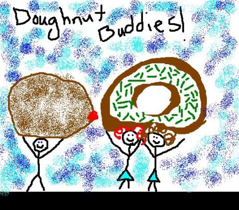 1999 Ford Taurus - Three stick figures celebrate with large doughnuts under a blue speckled background.