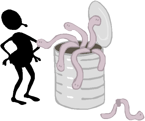 Cartoon of a person pulling a worm from a can