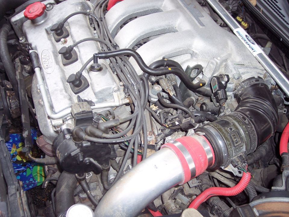 Close-up of a car engine bay with various hoses and wires visible