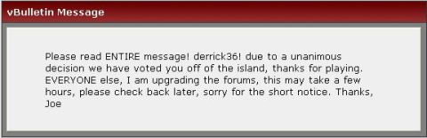 1993 Ford Bronco - Forum message informs user they have been voted off and announces forum upgrades.