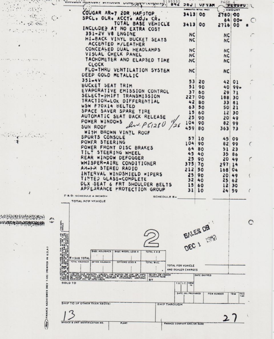 Eminger report page 1 for a loaded 1970 Cougar XR-7