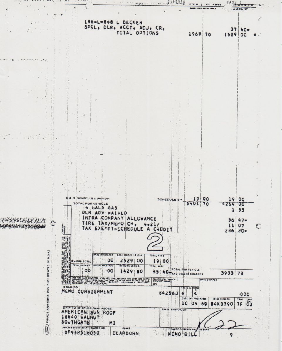 Photocopied Ford dealer invoice with options, taxes and sunroof consignment