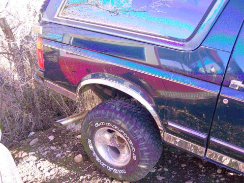 1981 Ford F-150 - This dark blue SUV features chrome trim and off-road tires, with a reflection of the sky visible on its surface.