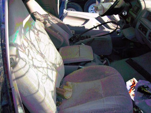 1981 Ford F-150 - Interior view of a truck's worn seats and dashboard, with sunlight filtering through the windows.