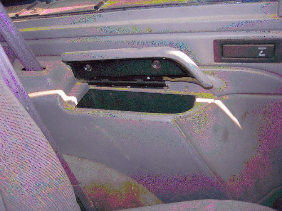 Interior door panel showing armrest, storage compartment, and seat fabric