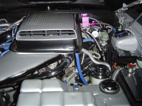 1979 Ford Bronco - Close-up view of a modified engine bay with various aftermarket parts and custom hoses.