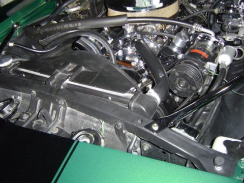 1979 Ford Bronco - Close-up view of a green vehicle's engine bay, showing various components and chrome detailing.