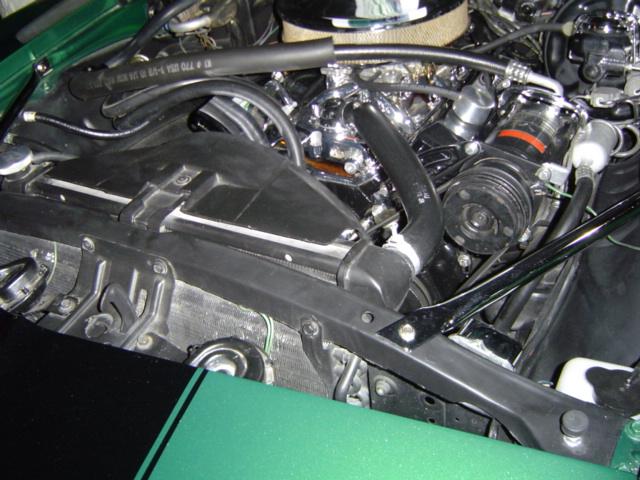 Green vehicle engine bay with chrome accents, air filter, and AC compressor