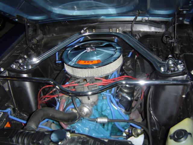 Engine bay with chrome strut braces, blue engine block, and air cleaner with '209' label