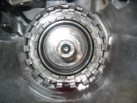 1984 Ford Bronco - This is a close-up view of the internal components of an automatic transmission, specifically the torque converter.
