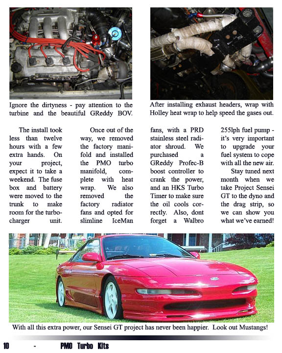 PMO Turbo Kits page with V6 engine bay, heat-wrapped headers and the red Project Sensei GT Probe