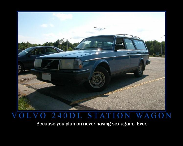 Blue Volvo 240DL station wagon parked in a lot, another car behind it