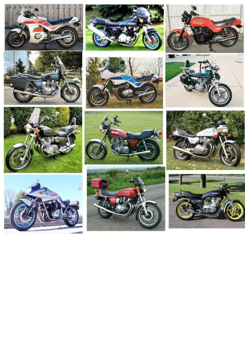 1985 Ford LTD Crown Victoria - A collection of motorcycles is displayed in a grid format, different models and styles.