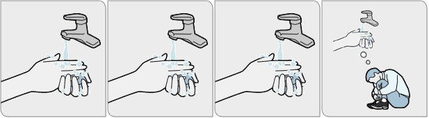 Four-panel illustrated hand-washing instruction sequence at a faucet