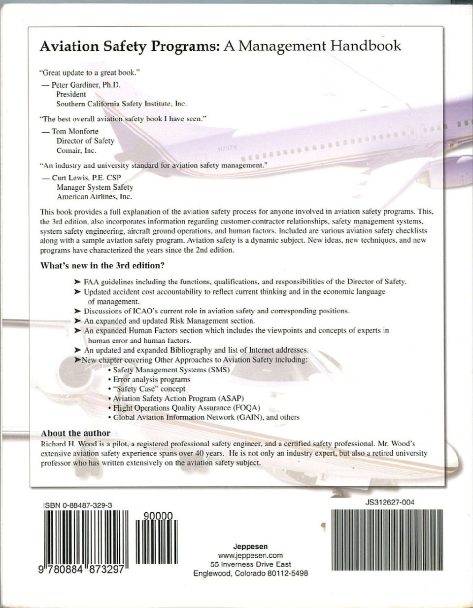 Back cover of Aviation Safety Programs handbook with blurbs, ISBN and barcode