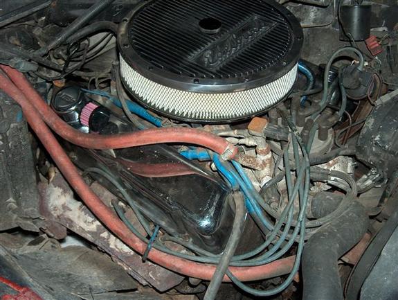 Engine bay with aftermarket air cleaner and red hoses