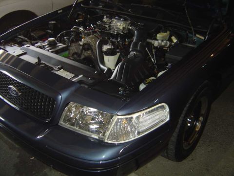1998 Ford Crown Victoria - The engine bay of a dark blue 1998 Ford Crown Victoria is visible, with the hood open to reveal the V8 engine and front grille.