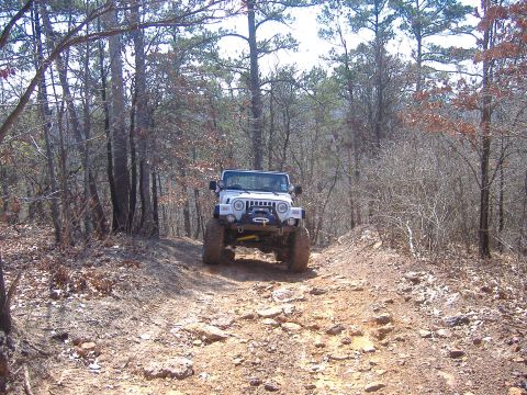 2004 Jeep Wrangler - A white Jeep Wrangler navigates a challenging, rocky off-road trail through a wooded area.