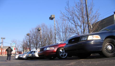 1998 Ford Crown Victoria - A row of sedans are parked under a bright blue sky with bare trees in the background.