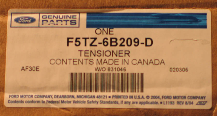 Ford Genuine Parts label for tensioner part number F5TZ-6B209-D on a box