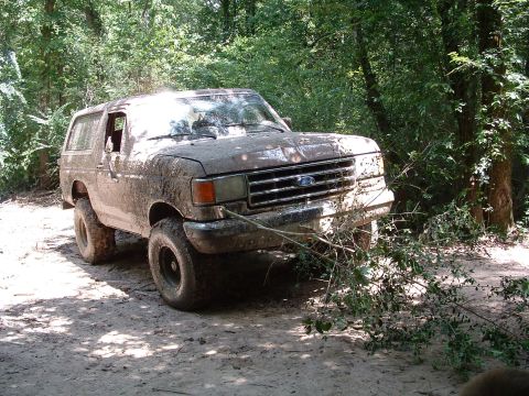 1993 Ford Bronco - Muddy 1992 Ford Bronco navigating a wooded trail.
