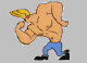 1989 Toyota Tacoma - A cartoon illustration of a muscular man in blue jeans posing.