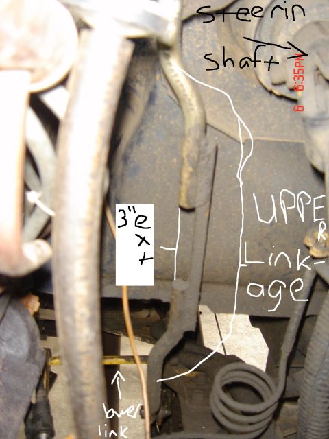 1991 Ford Bronco - Handwritten labels point out steering shaft, upper linkage, and lower link components within an engine compartment.