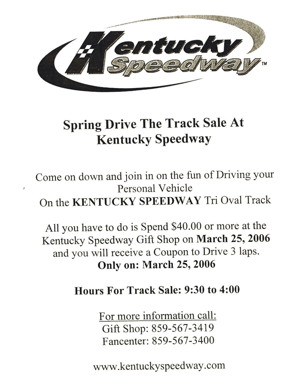 Kentucky Speedway Spring Drive The Track Sale flyer for March 25, 2006
