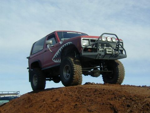 1994 Ford Explorer - Modified SUV with shark graphics sits atop a dirt mound under a cloudy sky.