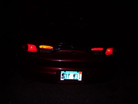 1999 Ford Taurus - Rear view of a 1999 Ford Taurus at night, showing illuminated taillights and a Michigan license plate.