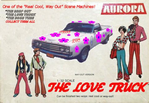 2002 Ford Crown Victoria - This box art depicts a model kit for 'The Love Truck', a custom pickup, alongside stylized figures and promotional text.