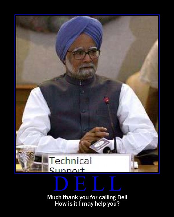 Demotivational poster of a seated man with 'DELL' technical support caption