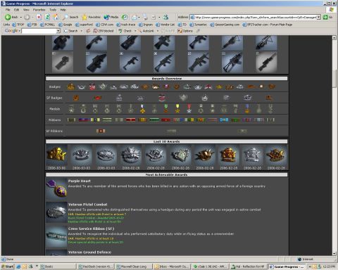 1986 Ford Bronco - This webpage displays a player's awards and achievements from a video game, including various medals and ribbons.