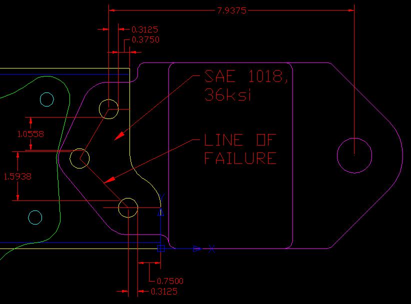 Illustration of the block shear failure area, and necessary dimensions.