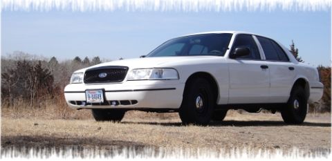 2000 Ford Crown Victoria - A white 2000 Ford Crown Victoria sedan is parked outdoors on a dry, grassy field under a clear blue sky.