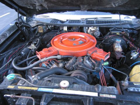 1991 Ford LTD Crown Victoria - engine compartment featuring an orange round air cleaner on a V8 engine, with accessory belts, hoses and a battery alongside.