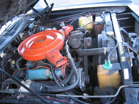 1991 Ford LTD Crown Victoria - Open engine bay showing a bright orange circular air cleaner atop a teal V8 engine block with belts, hoses and a yellowed reservoir.