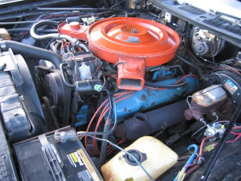 1991 Ford LTD Crown Victoria - Engine compartment featuring an orange round air cleaner over a blue-painted V8, red spark plug wires and a battery to the left.