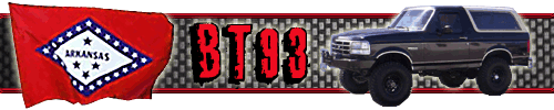 Dark blue Ford Bronco, lifted with black wheels, next to an Arkansas flag and text that reads 'BT93'