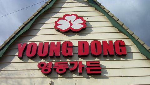 1995 Ford Bronco - Exterior view of a building with prominent red signage for "YOUNG DONG" and Korean text.