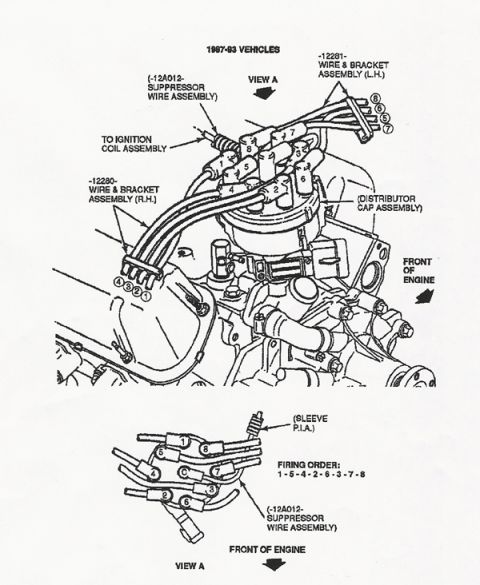 1992 Ford Bronco - Manual figure showing spark plug wire and bracket assembly routing to the distributor cap with firing order 1-6-4-2-6-3-7-8.