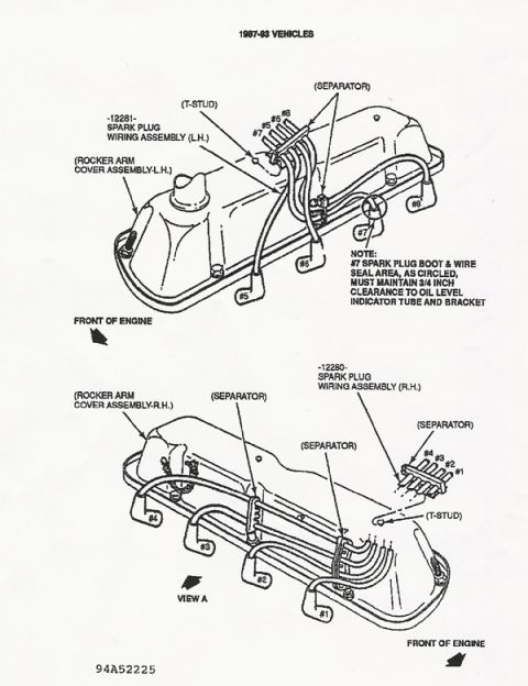 1992 Ford Bronco - Manual figure showing left and right spark plug wiring assemblies, separators, and routing over the rocker arm covers.