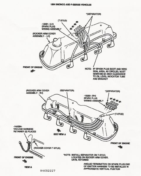 1992 Ford Bronco - Manual figure showing 1994 Bronco/F-Series spark plug wiring assemblies, separators, T-studs, and vacuum harness retainers.