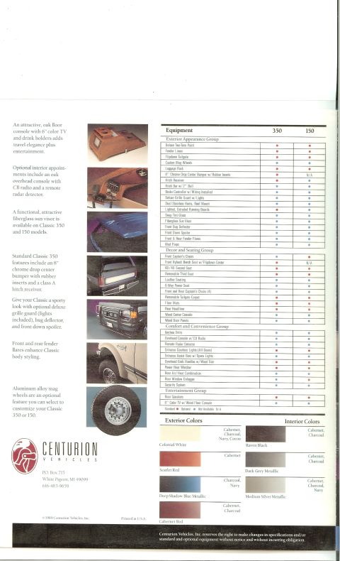 1993 Ford C-350 (Centurion Conversions) - This brochure page details equipment and exterior/interior color options for Centurion Vehicles.