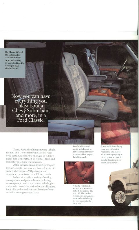 1993 Ford C-350 (Centurion Conversions) - This brochure page details the interior features of a Ford Classic 350, highlighting its comfortable seating and luxurious appointments.