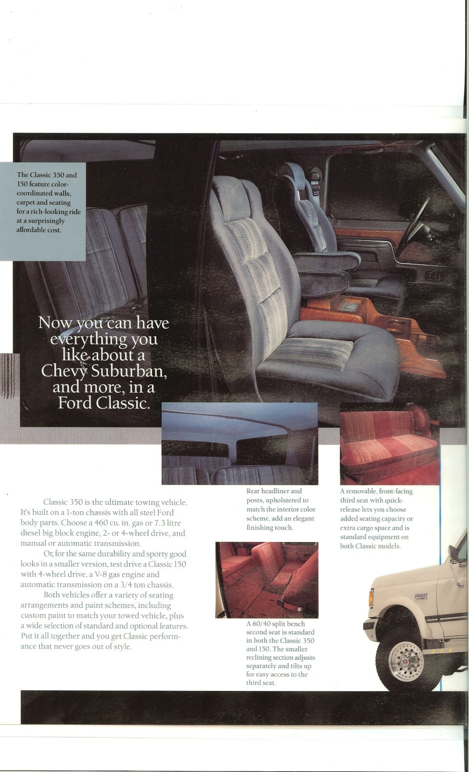 Ford Classic brochure page with gray and red interior seating and white truck