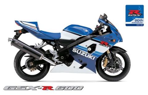 2002 Kawasaki Ninja - A blue and white Suzuki GSX-R600 motorcycle is shown from the side, with a 20th anniversary badge in the corner.