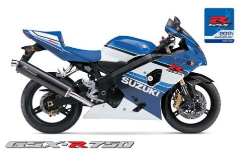 2002 Kawasaki Ninja - A blue and white Suzuki GSX-R750 motorcycle is shown from the side, with prominent branding.