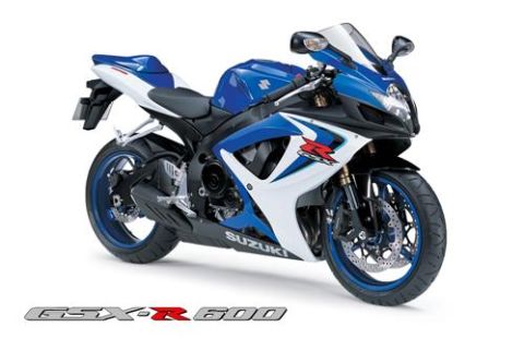 2002 Kawasaki Ninja - A blue and white Suzuki GSX-R600 motorcycle is shown from a 3/4 front view against a white background.